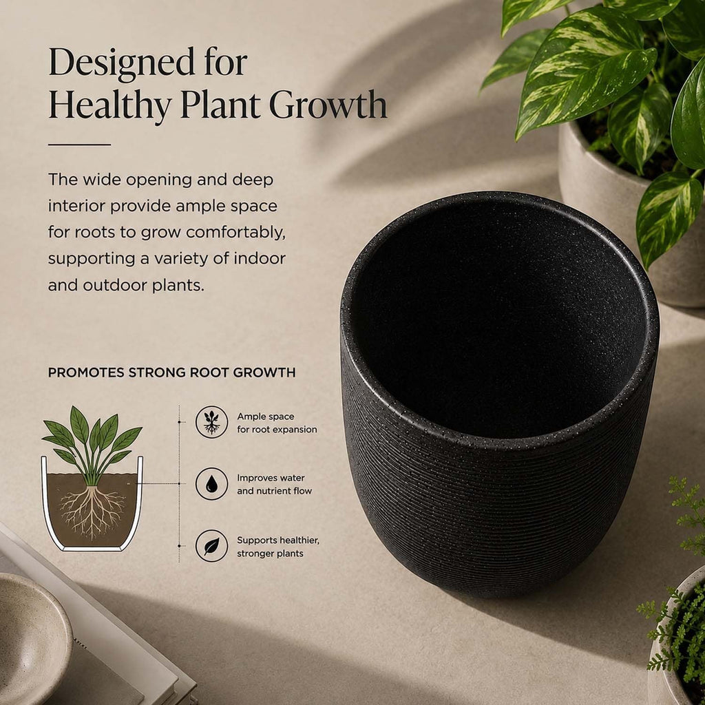GoHooked 12-inch black textured polymer planter pot with a wide opening for healthy plant growth.