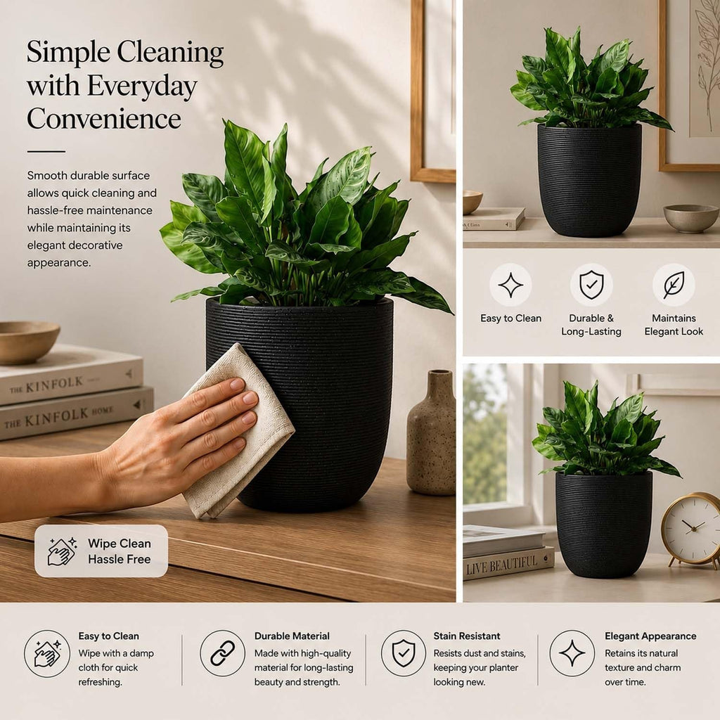 Go Hooked 12-inch black polymer planter pot with a textured ribbed design, perfect for indoor or outdoor plants.