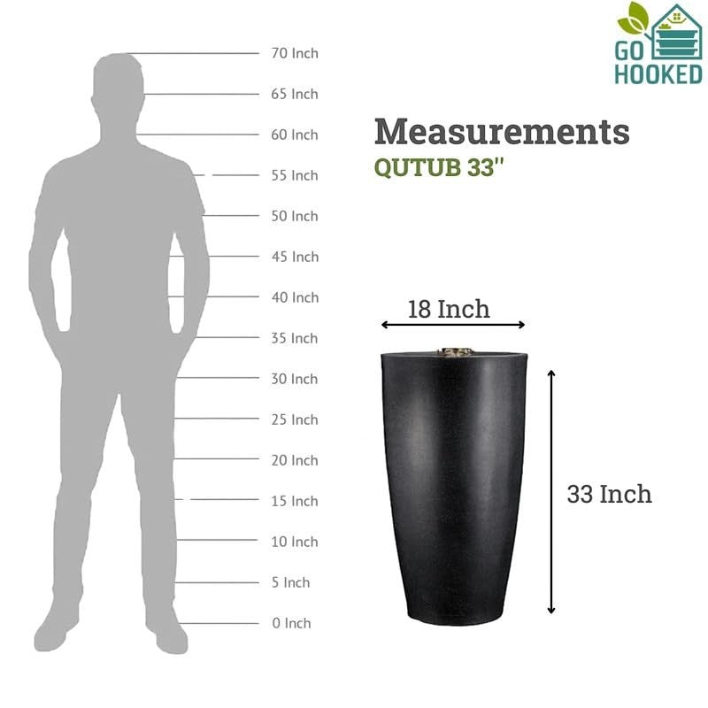 GoHooked 33-inch tall black polymer planter with a subtle texture and drainage hole. Shown next to a silhouette for scale.
