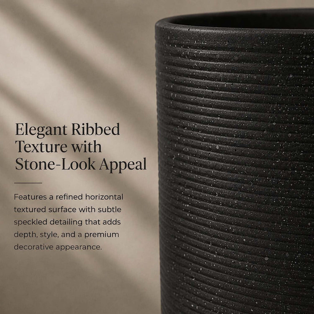 GoHooked 18-inch black polymer planter with elegant ribbed texture and stone-look appeal. Features horizontal lines and speckled detailing.