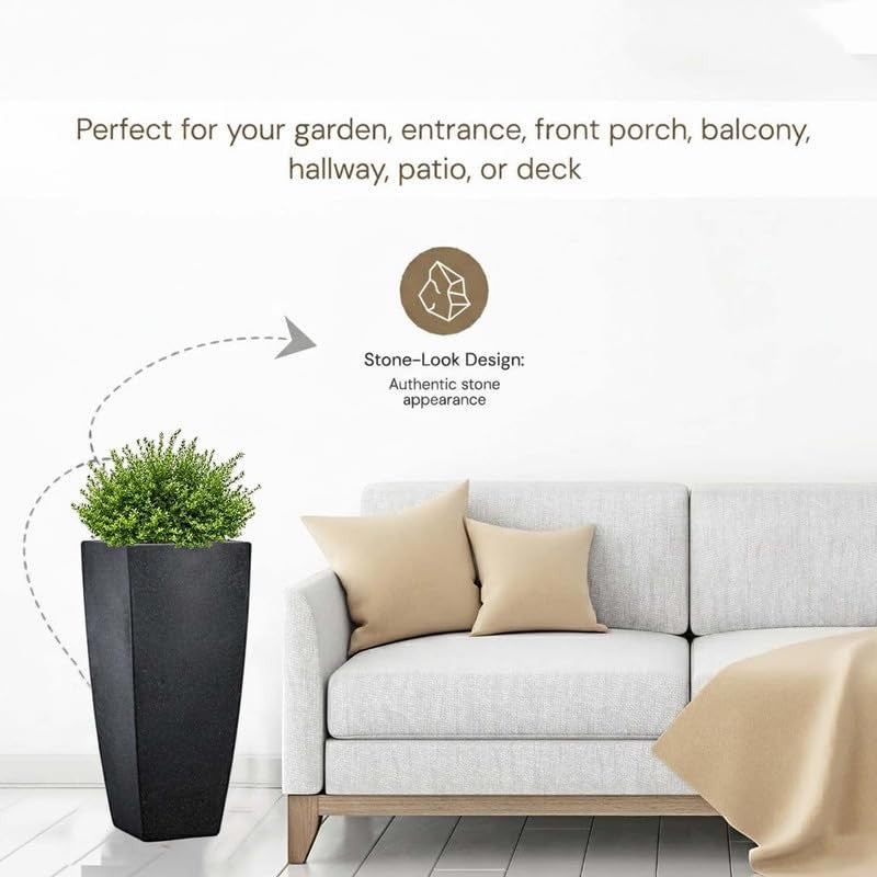 Go Hooked 30-inch black polymer planter with stone-look design and drainage hole, perfect for indoor or outdoor use.