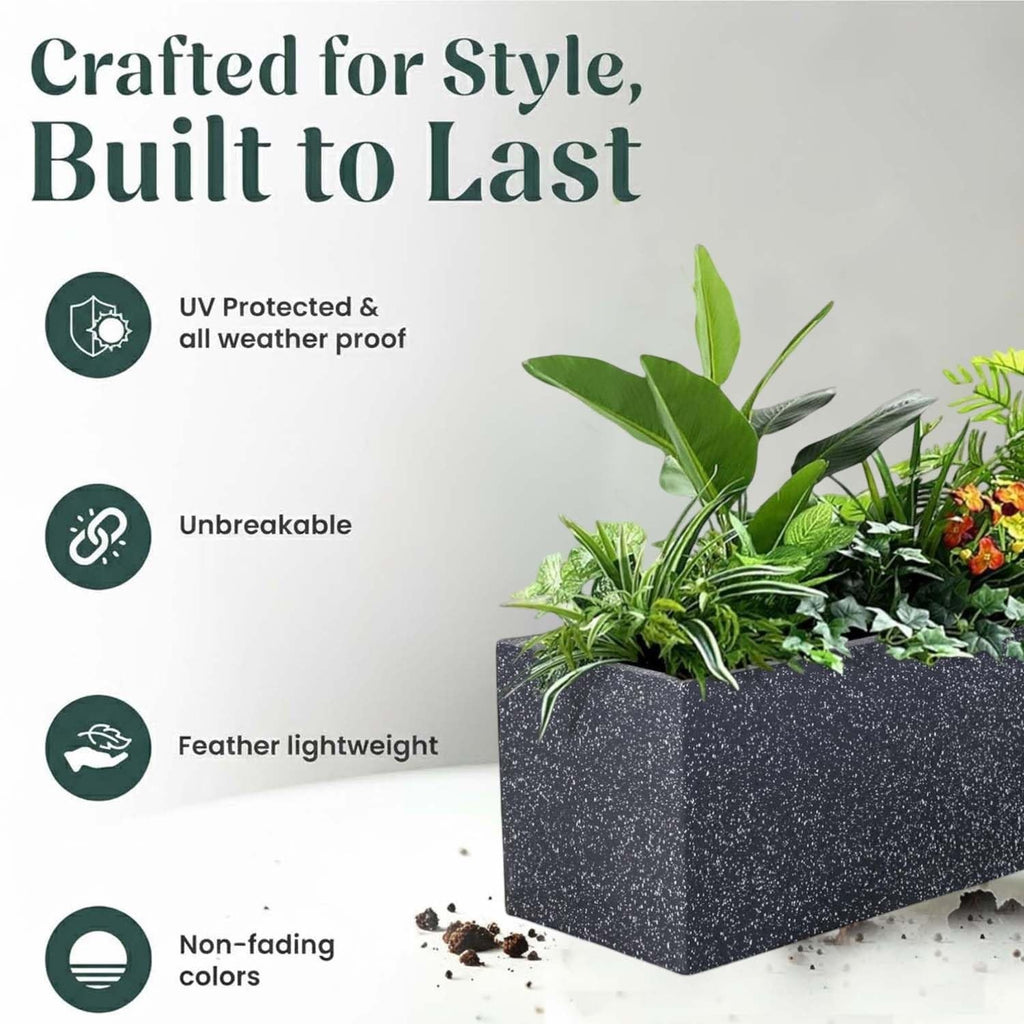 GoHooked rectangular black stone-textured polymer planter with lush green plants, featuring weather-resistant design.