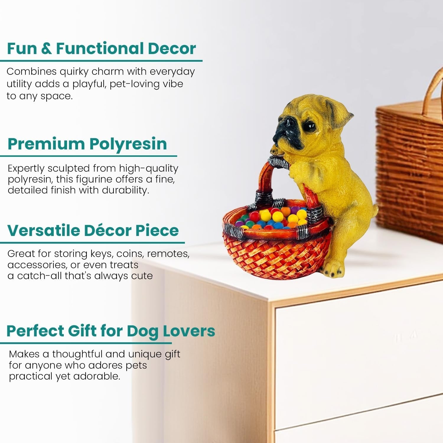 GoHooked black pug dog figurine holding a basket filled with colorful balls, made of resin.