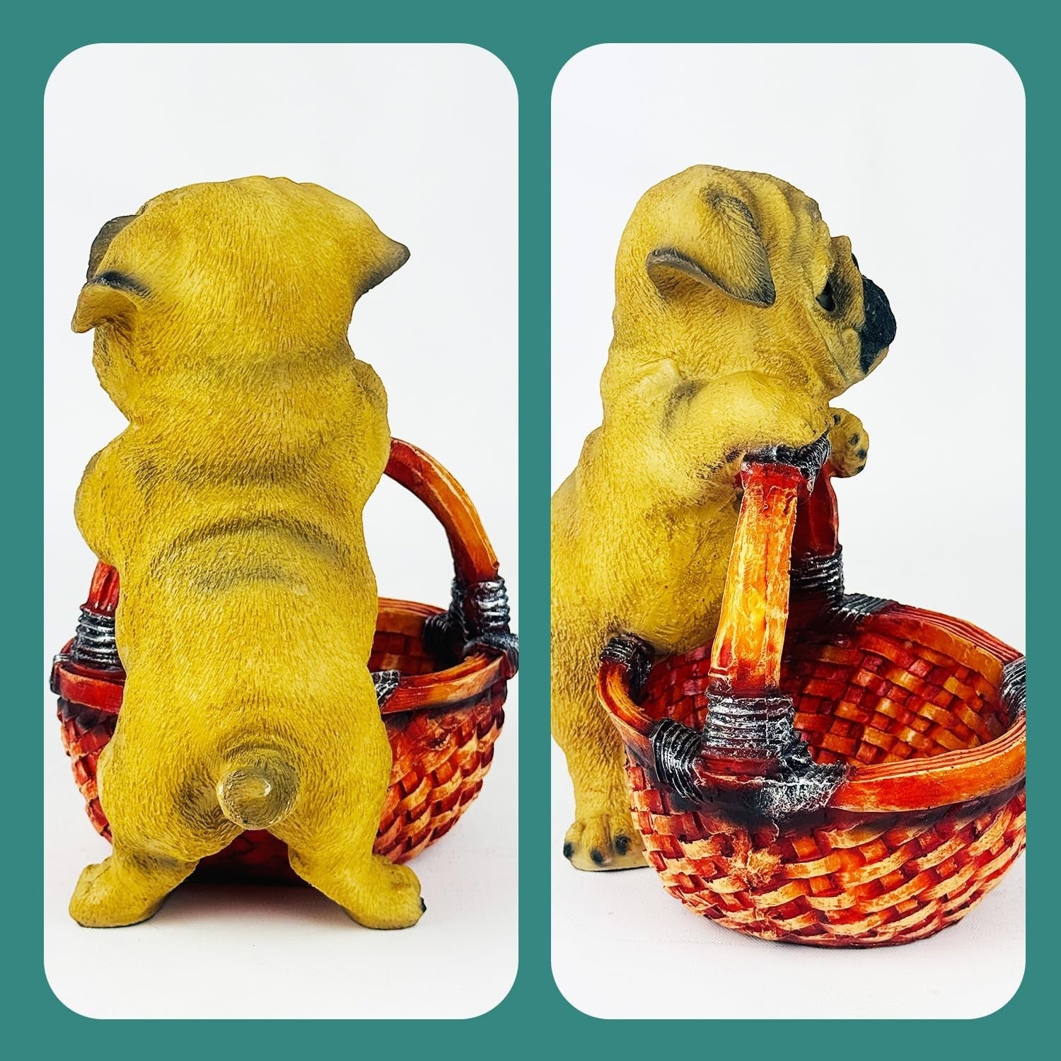 GoHooked black pug dog resin decorative basket for home decor, tabletop, living room, bedroom. Animal figurine showpiece.