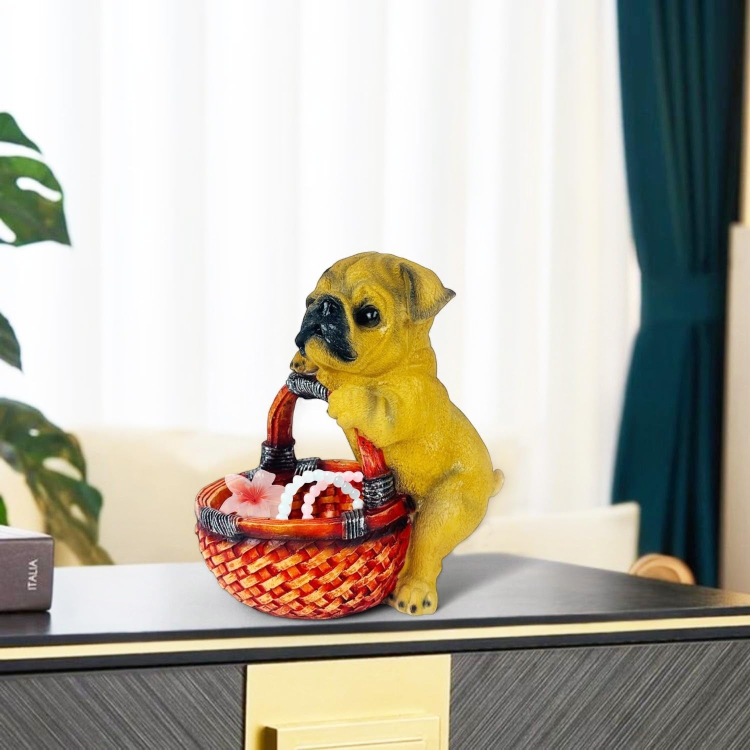 GoHooked black pug dog resin basket figurine for home decor. Holds small items.