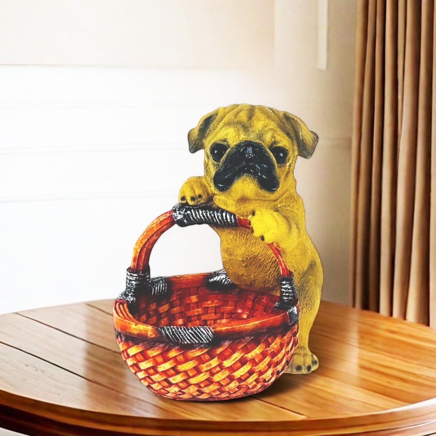 GoHooked black pug dog figurine holding a woven basket, made of resin, for home decor and storage.