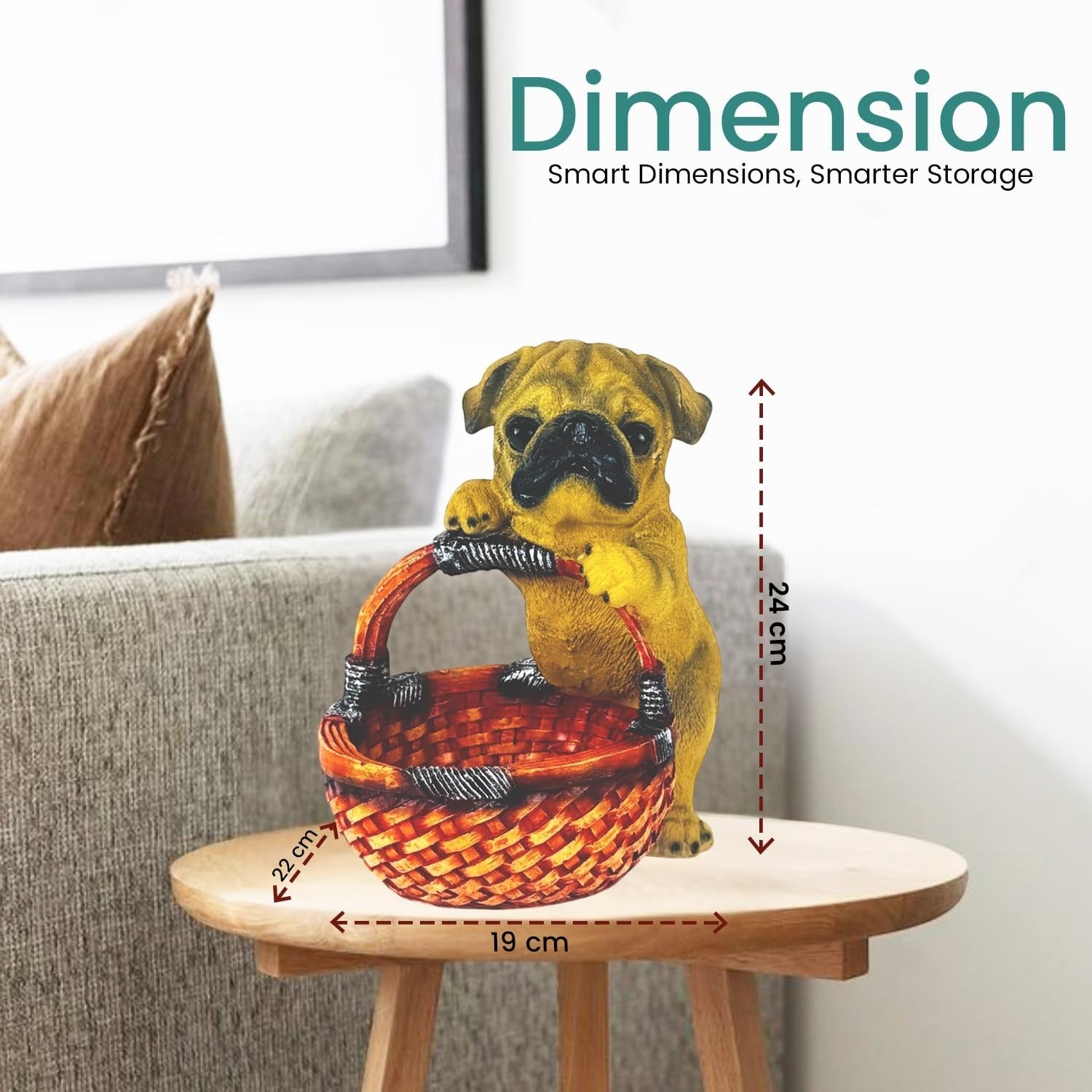GoHooked black pug dog resin basket for home decor, holding a woven basket. Ideal for tabletop storage.