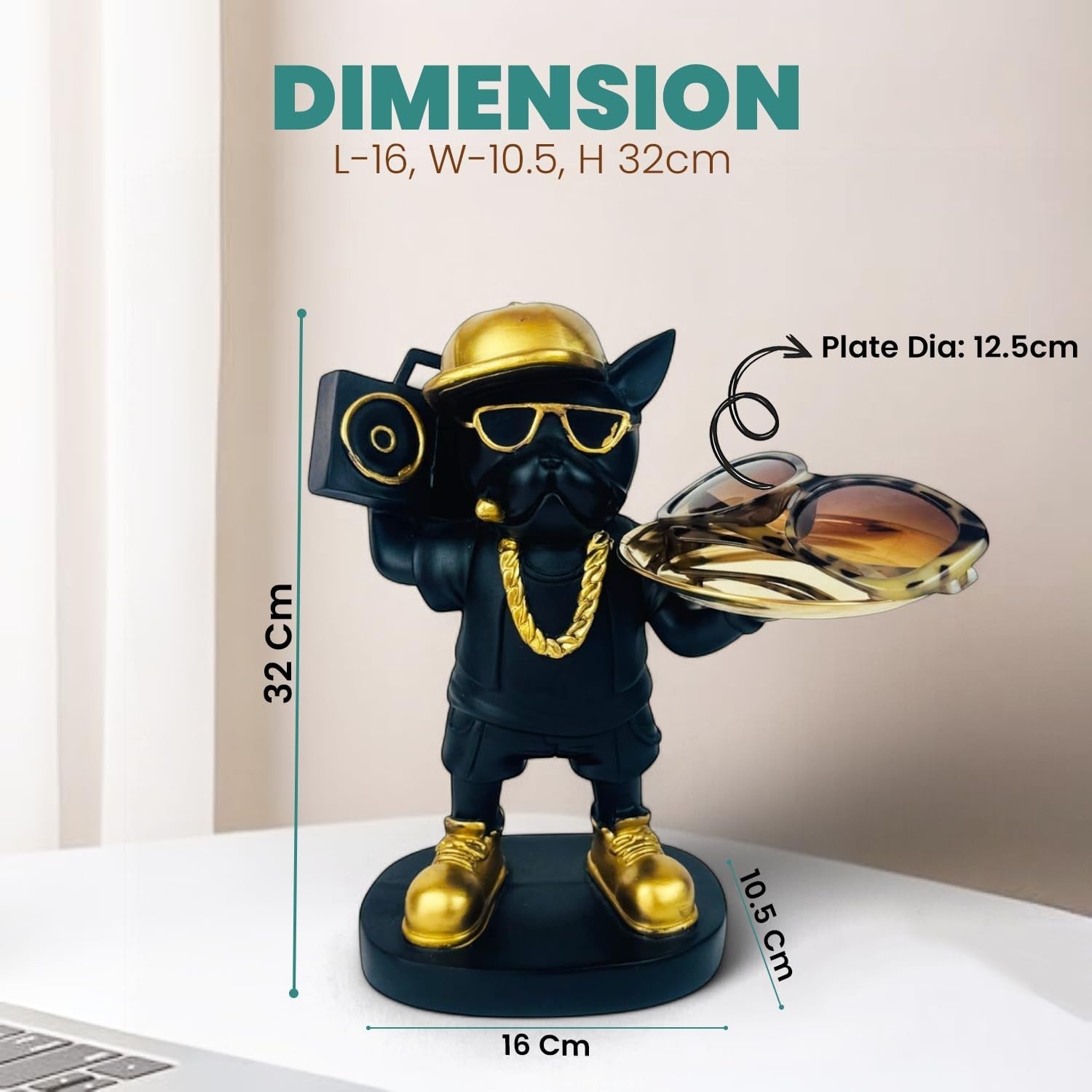 GoHooked black polyresin rapper bulldog statue with gold accents holding a boombox and a tray for keys or accessories.