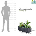 GoHooked black rectangular polymer planter pot, 24x10 inches, with drainage hole. Shown with a silhouette for scale.