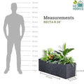 GoHooked black polymer rectangular planter pot, 24x12.5 inches, with drainage hole. Shown with plants and next to a human silhouette for scale.