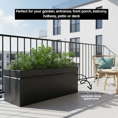 Go Hooked black polymer rectangular planter pot with modern design and stone-look finish. Perfect for balcony or garden.