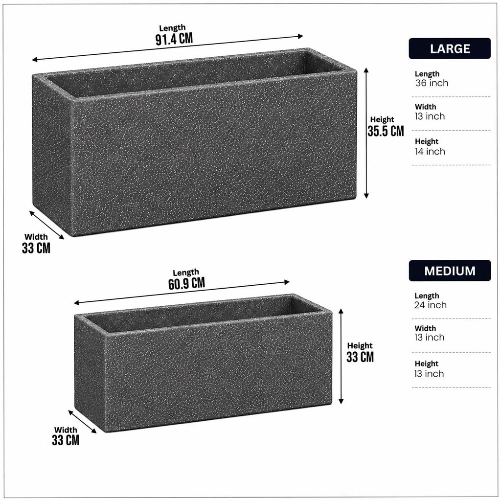 GoHooked black rectangular polymer planter combo with stone texture, featuring 36-inch and 24-inch sizes for garden decor.