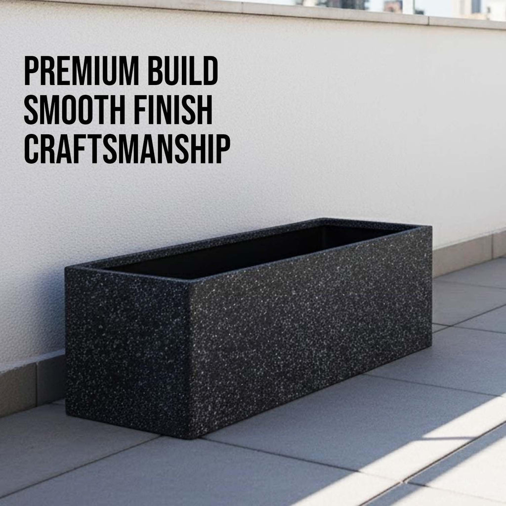 GoHooked rectangular black polymer planter with a stone-textured finish, suitable for indoor and outdoor garden decor.