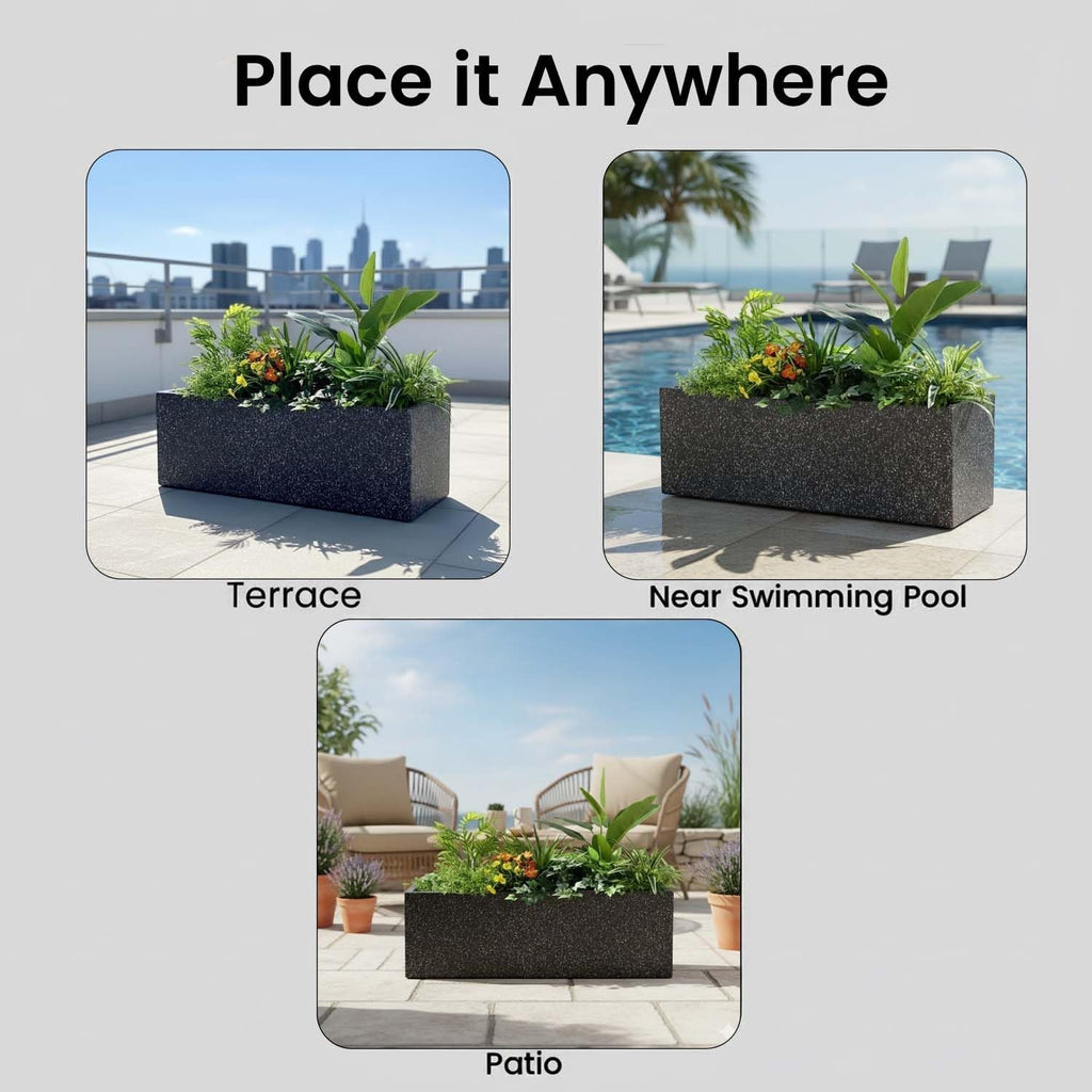 GoHooked rectangular black stone-textured polymer planters displayed on a terrace, by a pool, and on a patio.