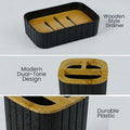 GoHooked black ribbed bathroom accessories set with wooden style drainer and dual-tone design. Includes soap dish & toothbrush holder.