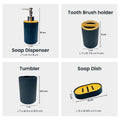 Go Hooked black ribbed plastic bathroom accessories set including soap dispenser, toothbrush holder, tumbler, and soap dish.