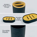GoHooked modern black ribbed plastic bathroom accessories set with wooden accents. Includes soap dish, toothbrush holder, tumbler.