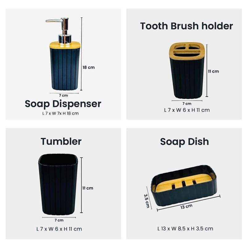 GoHooked black ribbed bathroom accessories set including soap dispenser, toothbrush holder, tumbler, and soap dish.