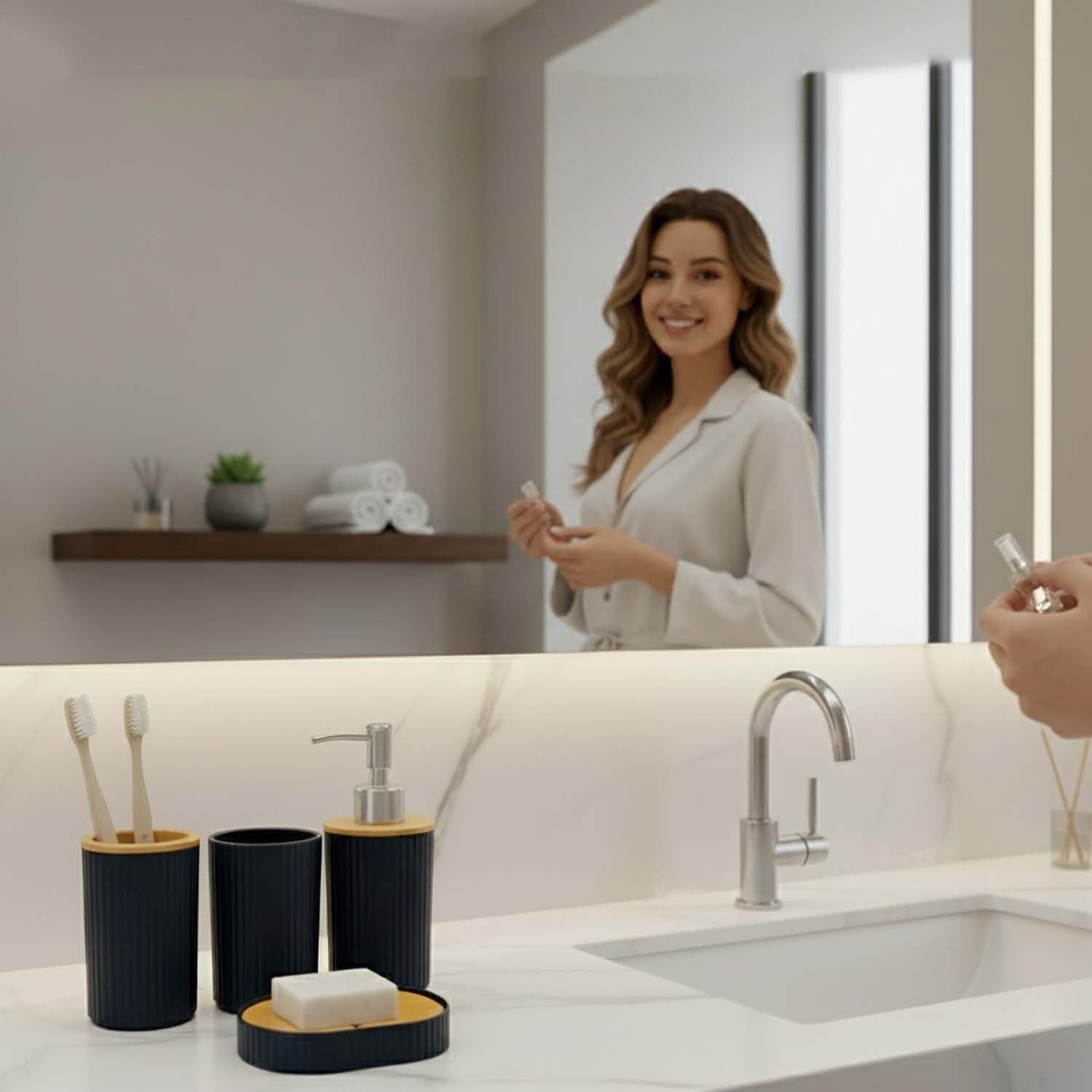 Go Hooked modern black ribbed plastic bathroom accessory set with soap dispenser, toothbrush holder, tumbler, and soap dish.