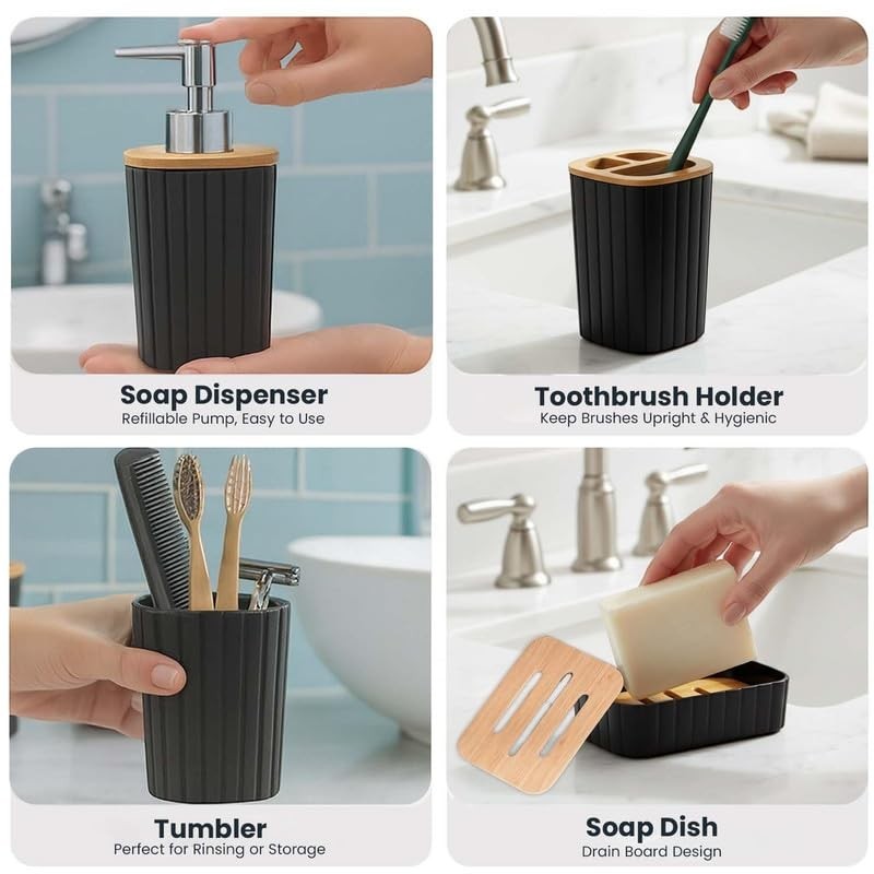 GoHooked black ribbed bathroom accessory set with soap dispenser, toothbrush holder, tumbler, and soap dish.