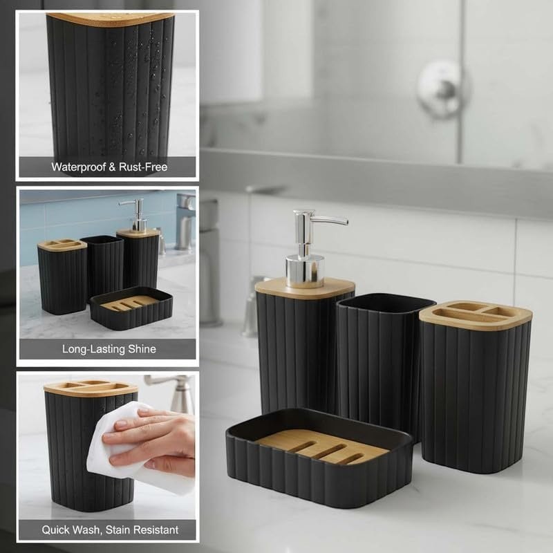 Go Hooked black ribbed bathroom accessory set with soap dispenser, toothbrush holder, tumbler, and soap dish.
