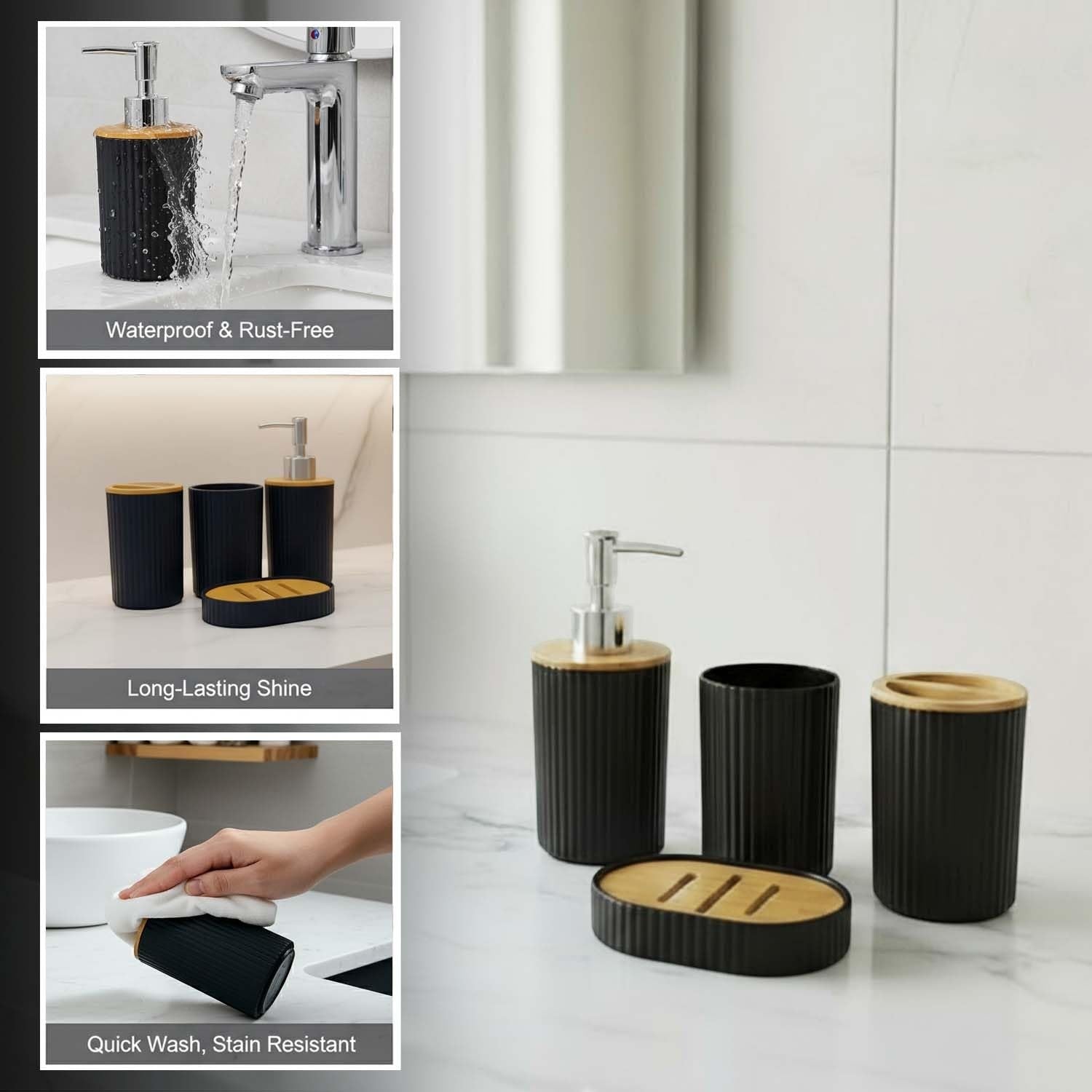 Go Hooked modern black ribbed plastic bathroom accessory set with soap dispenser, toothbrush holder, tumbler, and soap dish.