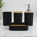 Go Hooked black ribbed plastic bathroom set with soap dispenser, toothbrush holder, tumbler, and soap dish. Modern design.