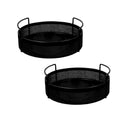 GoHooked 2 set of black round metal storage trays with perforated sides and side handles. Ideal for home decor, vanity, or kitchen organization.