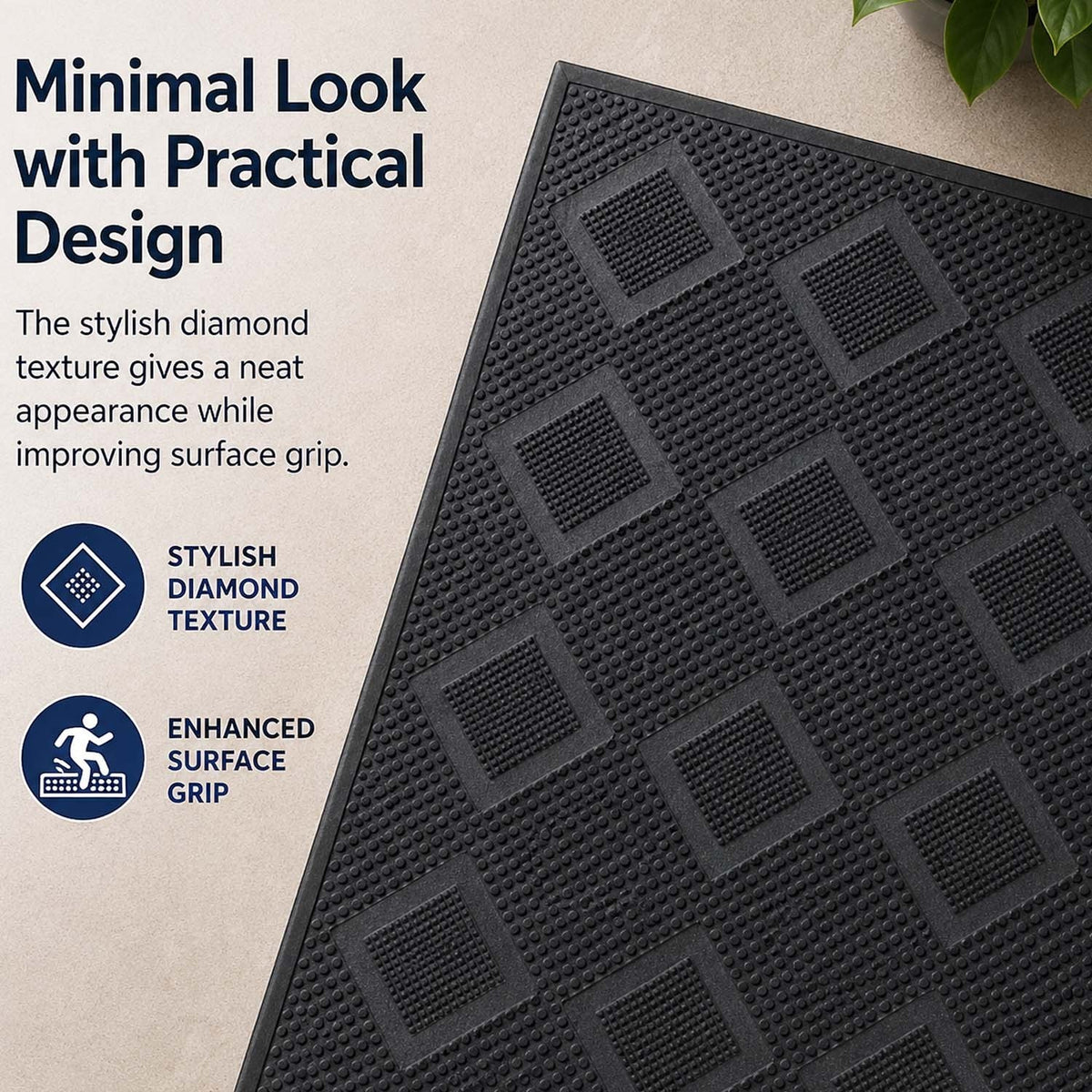 GoHooked black rubber door mat with a textured diamond pattern for anti-skid grip at home entrances.