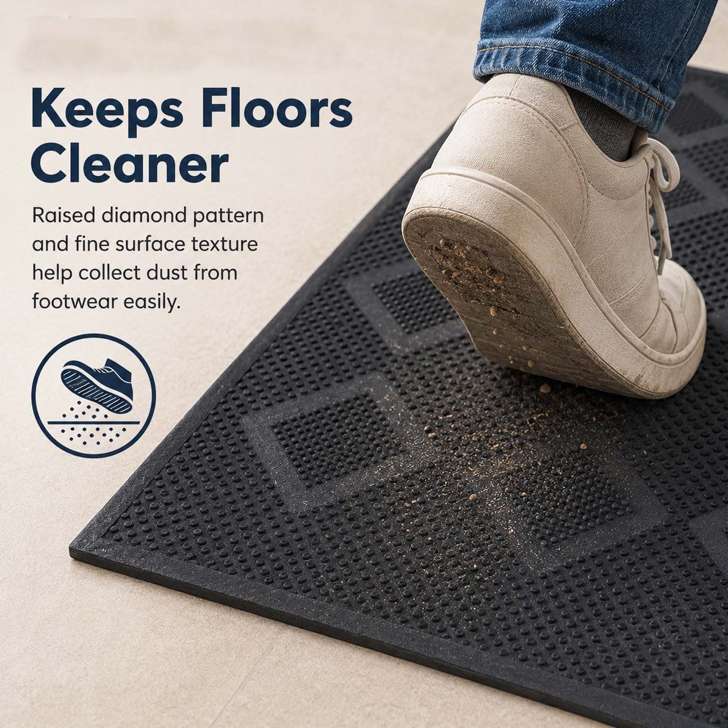 GoHooked black rubber door mat with a textured diamond pattern, shown in use on a floor to trap dirt from a shoe.