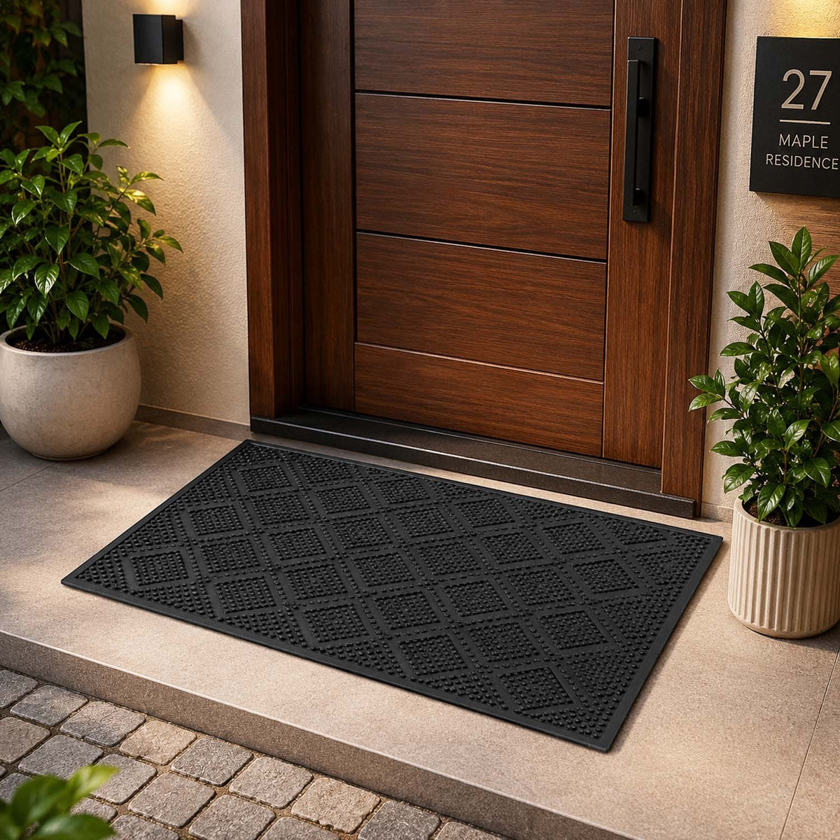 GoHooked black rubber door mat with a textured diamond pattern placed at a modern home entrance.