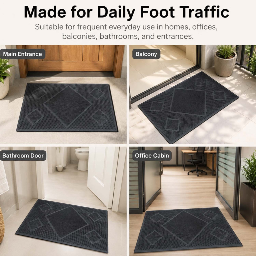 GoHooked black rubber door mat with textured diamond pattern for home, office, and bathroom entrance floor protection.