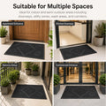 GoHooked black rubber door mat with textured diamond pattern shown in various home and commercial entrance settings.