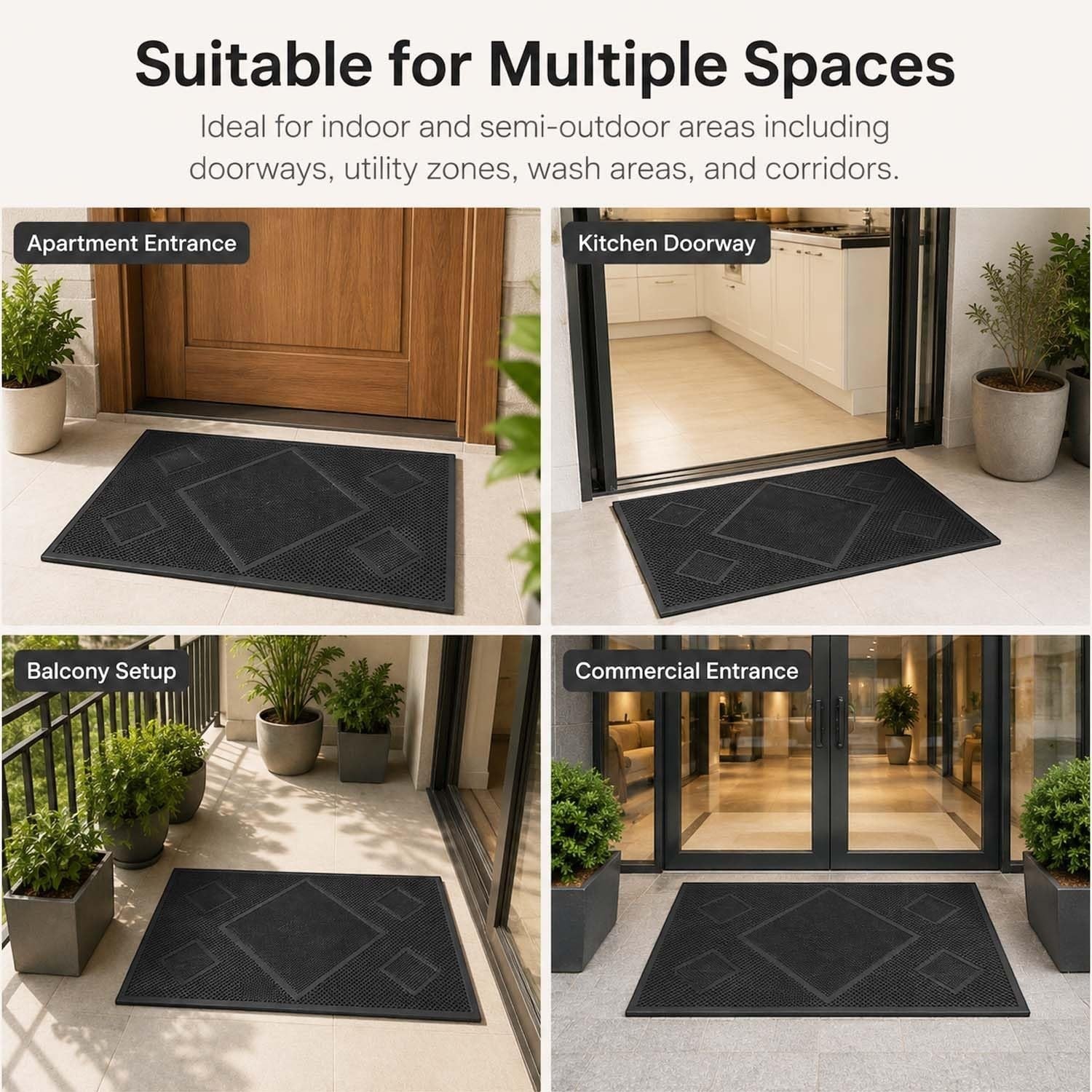 GoHooked black rubber door mat with textured diamond pattern shown in various home and commercial entrance settings.