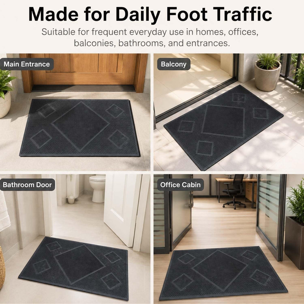 GoHooked black rubber door mat with a textured diamond pattern, shown in home, office, and bathroom entrance settings.