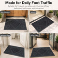 GoHooked black rubber door mat with a textured diamond pattern, shown in home, office, and bathroom entrance settings.