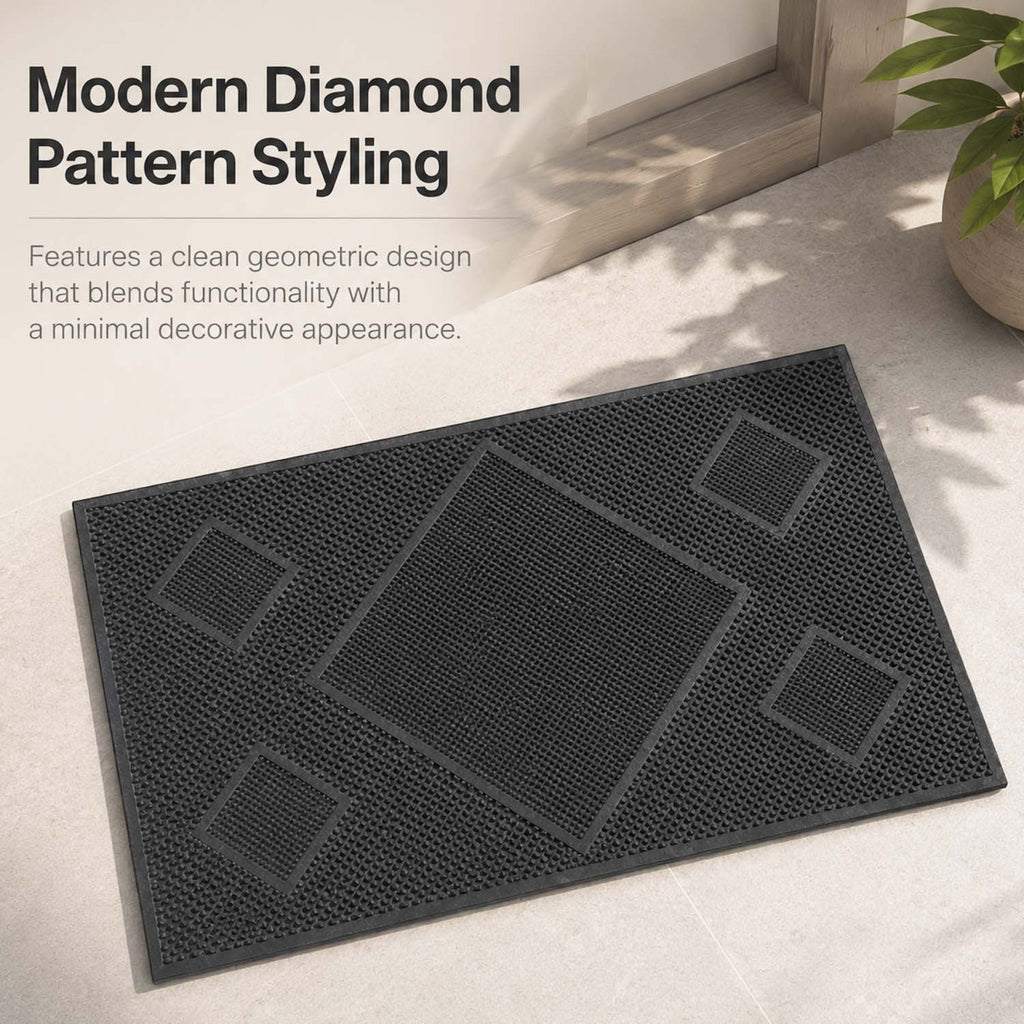 GoHooked black rubber door mat with a textured diamond pattern for home entrance, balcony, or office use.
