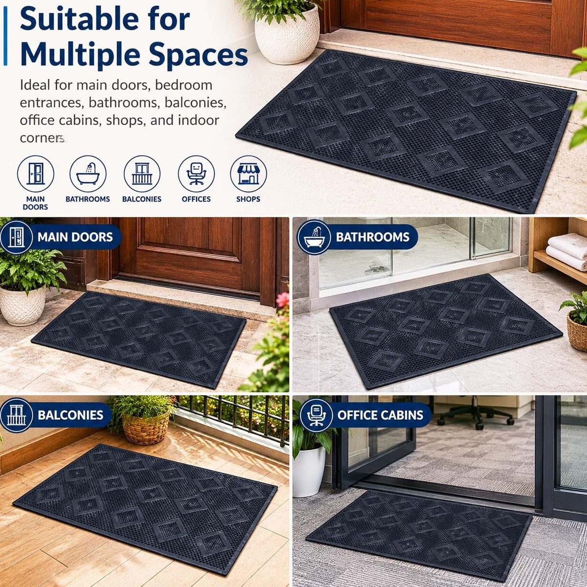 GoHooked black rubber door mat with diamond texture for home, bathroom, and office entrances.