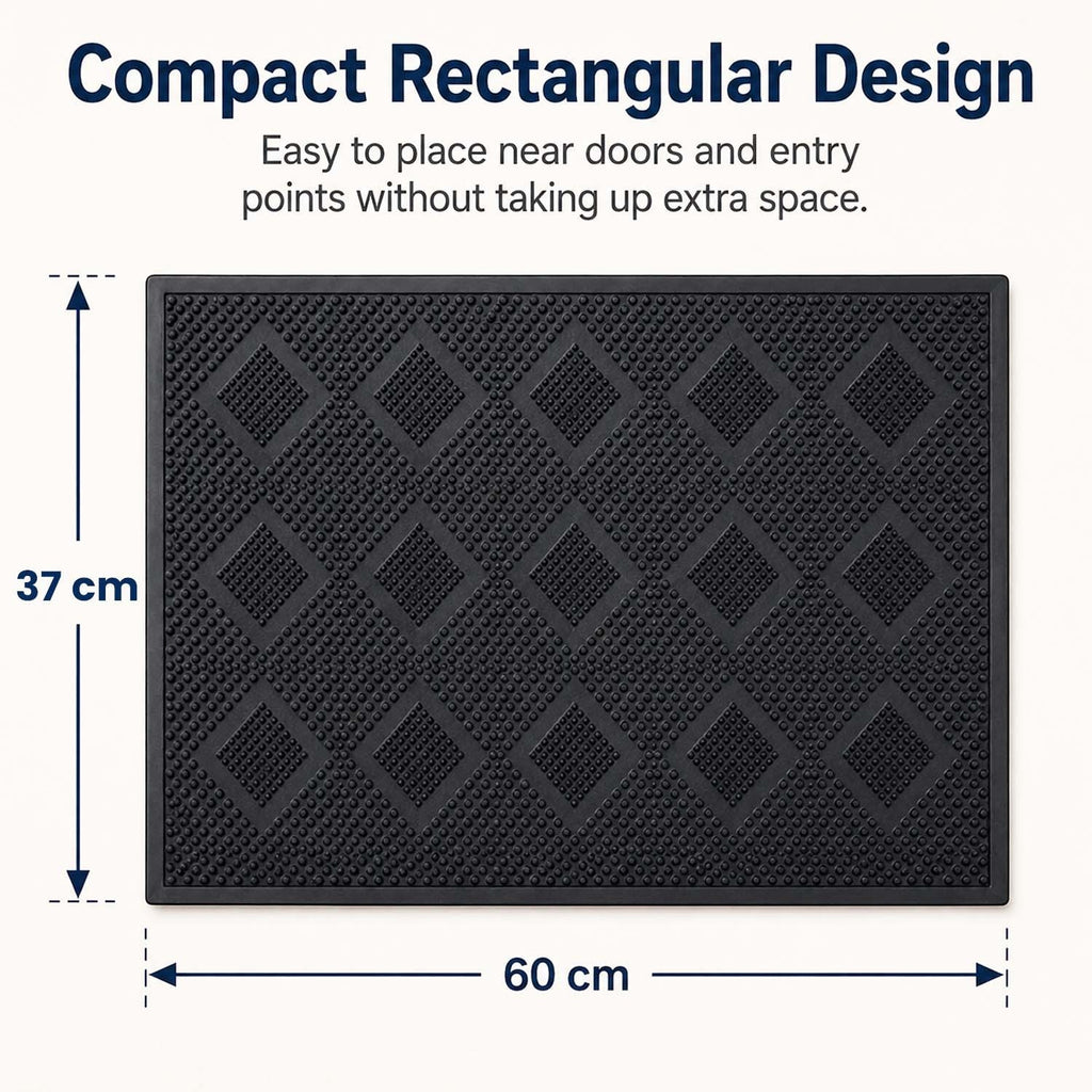GoHooked black rubber door mat with a textured diamond pattern, measuring 37x60 cm for indoor and outdoor use.