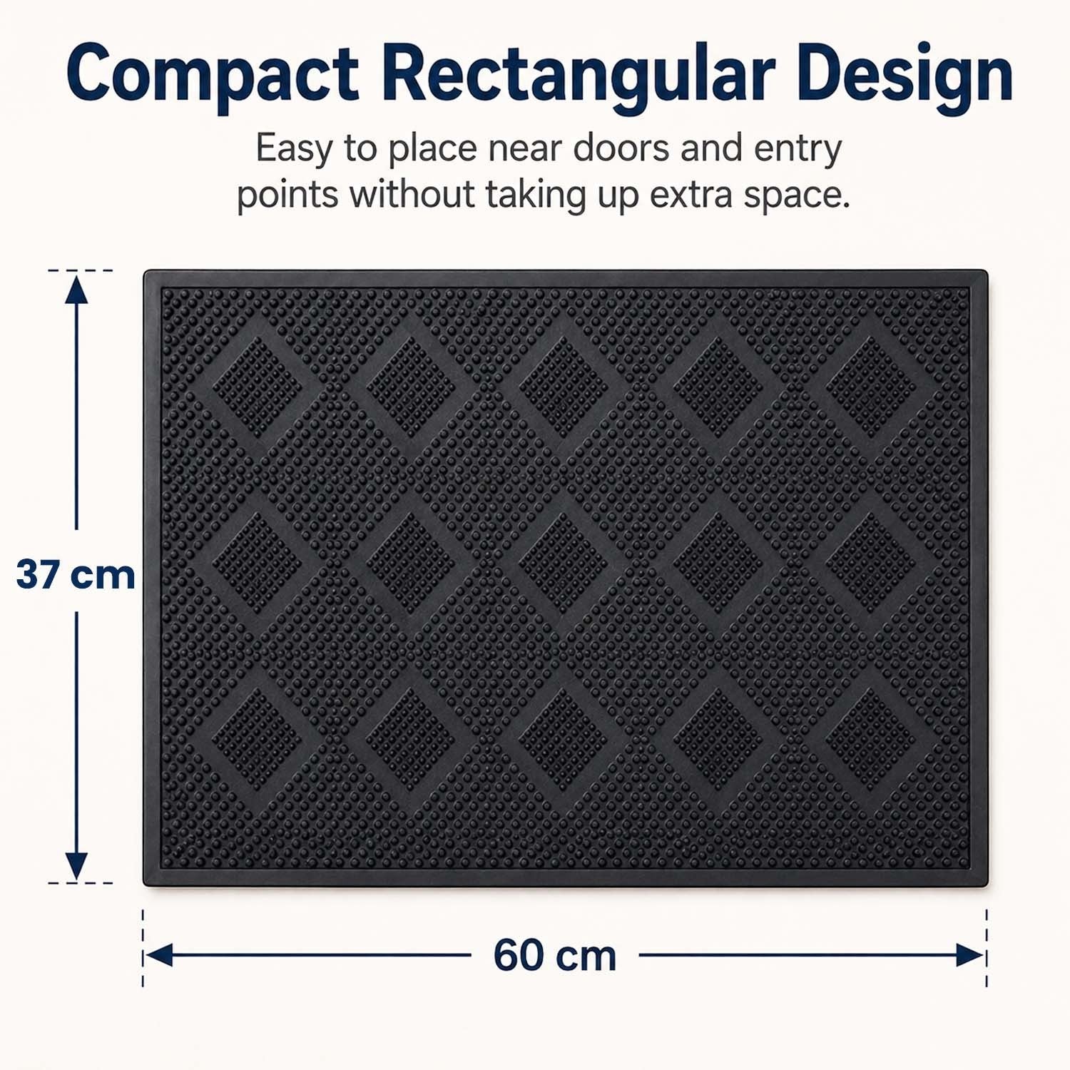 GoHooked black rubber door mat with a textured diamond pattern, measuring 37x60 cm for indoor and outdoor use.
