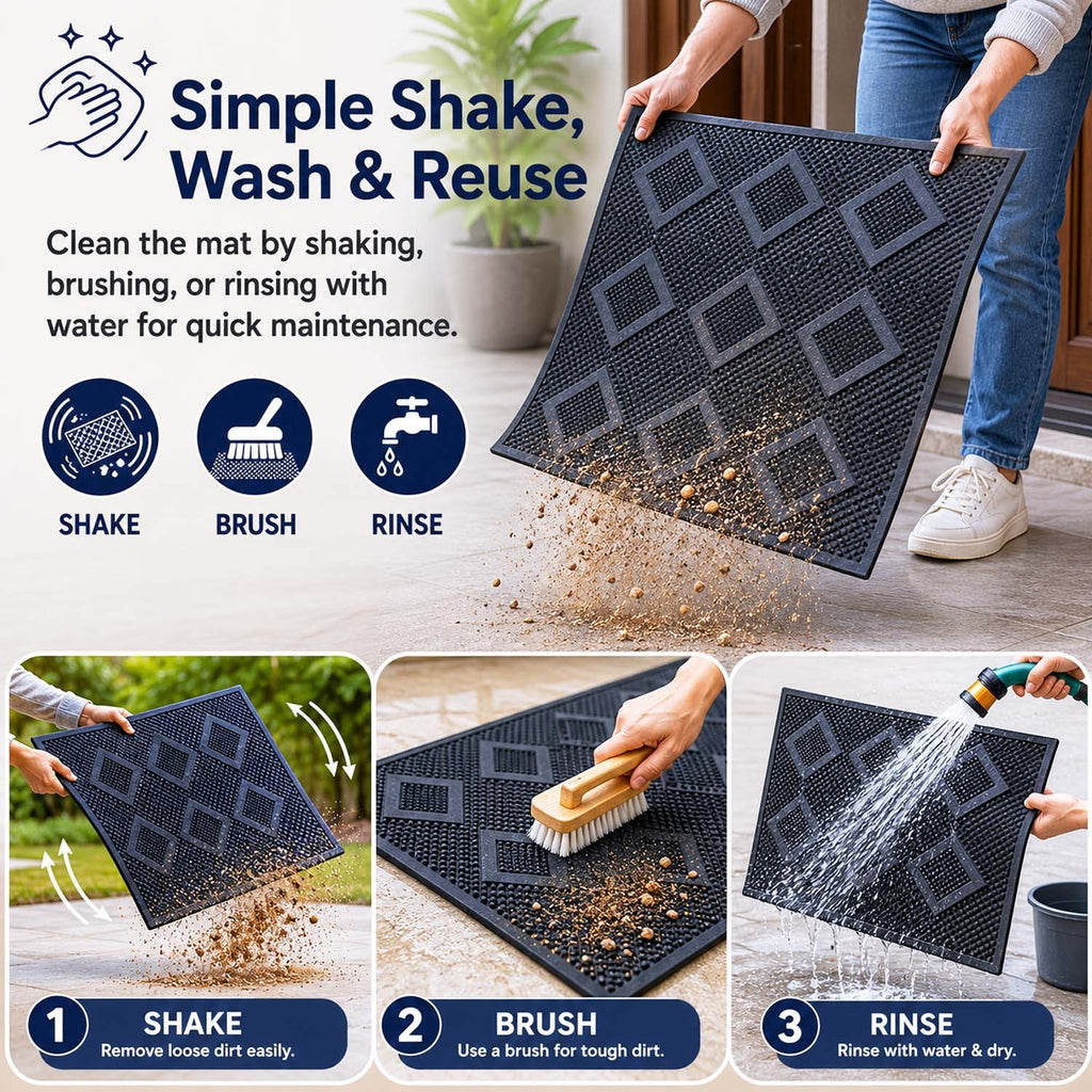 GoHooked black rubber door mat with diamond texture being shaken, brushed, and rinsed for easy cleaning.