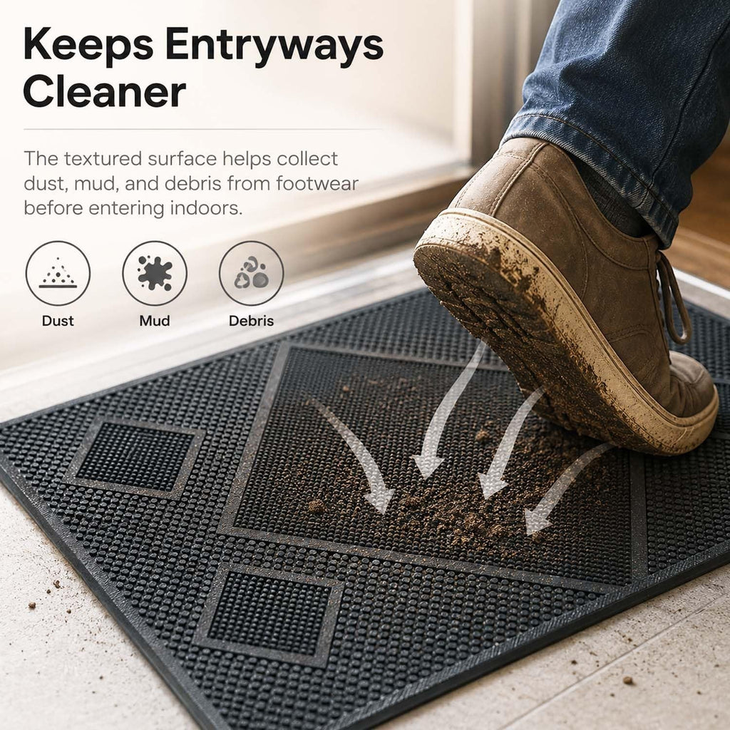 GoHooked black rubber door mat with a textured diamond pattern collecting dirt from a shoe at an entryway