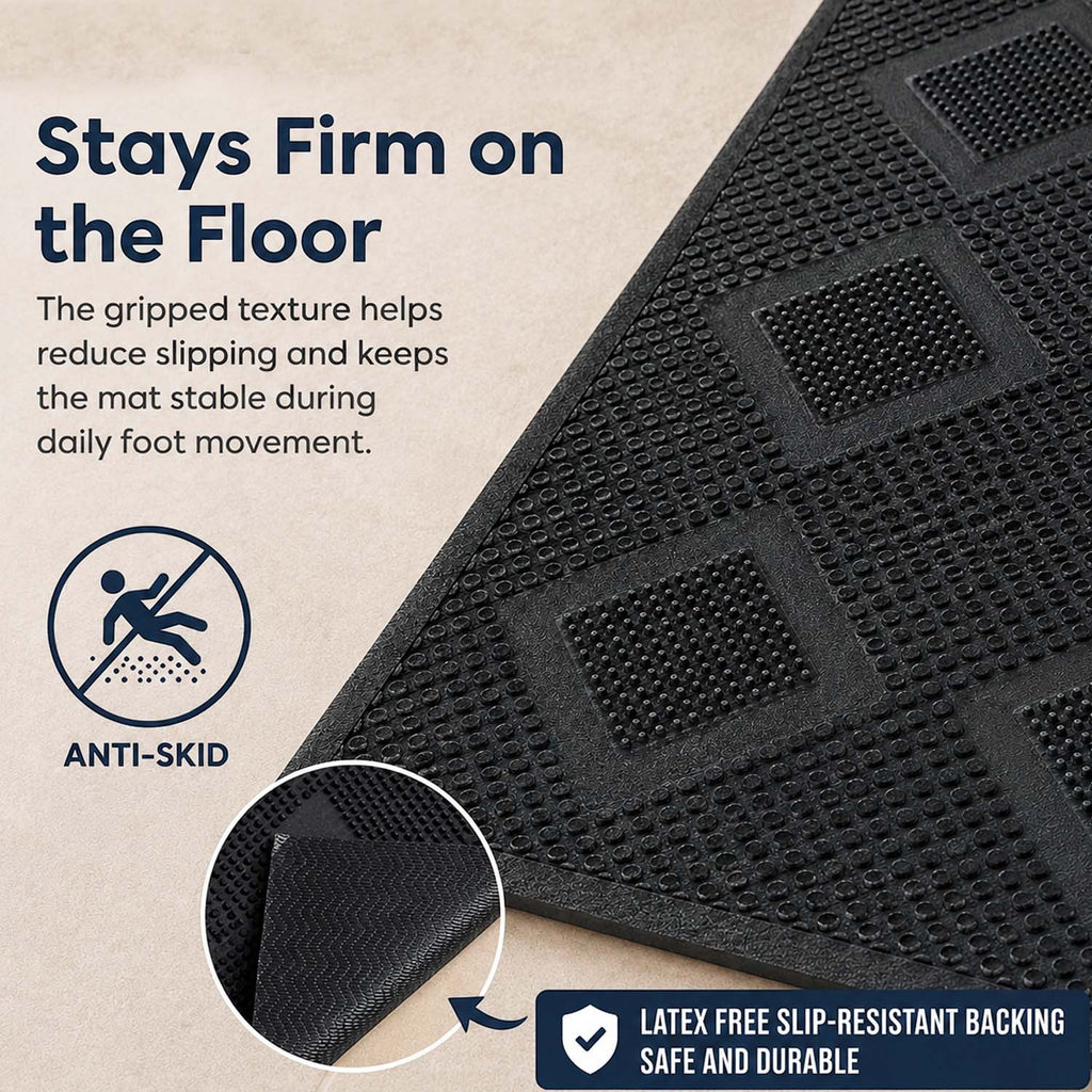 GoHooked black rubber door mat with anti-skid diamond texture and slip-resistant backing for home entrance use