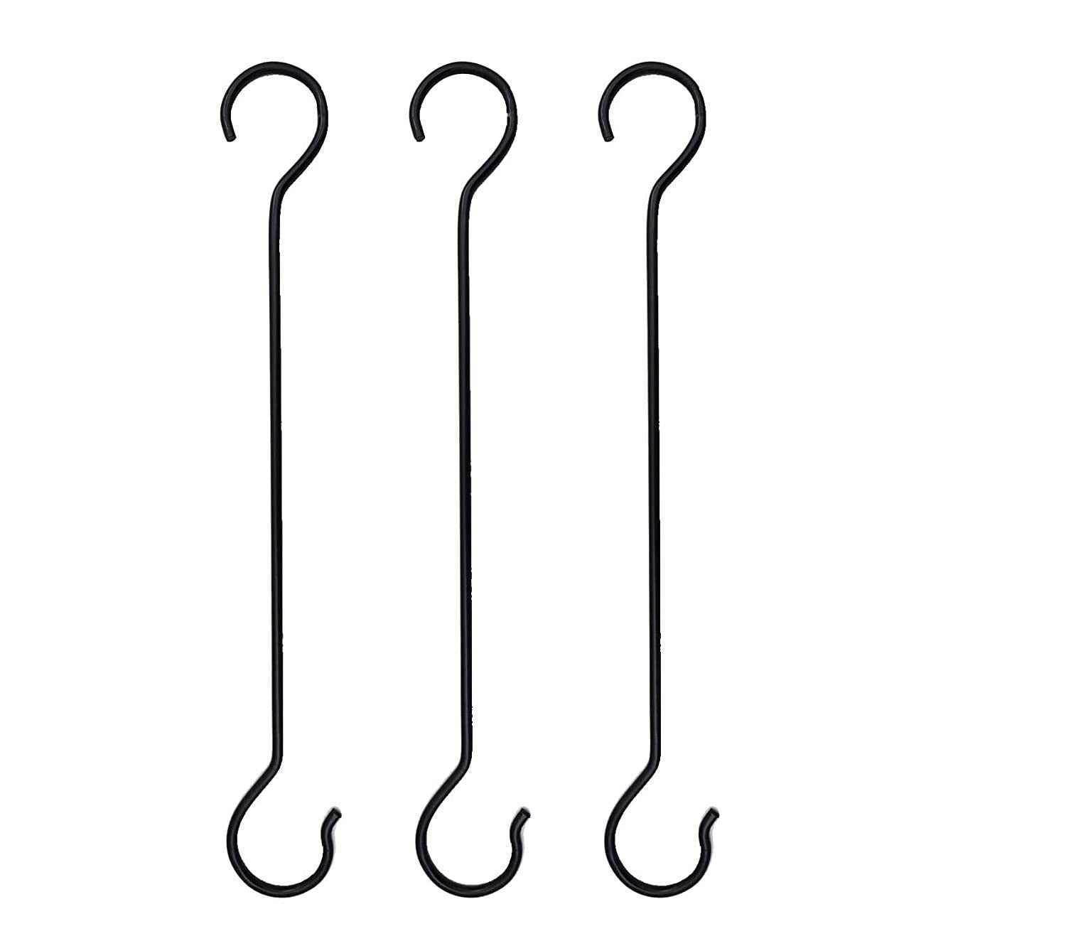 GoHooked black metal S-hooks, pack of 3, for hanging plants, kitchenware, or garden items.