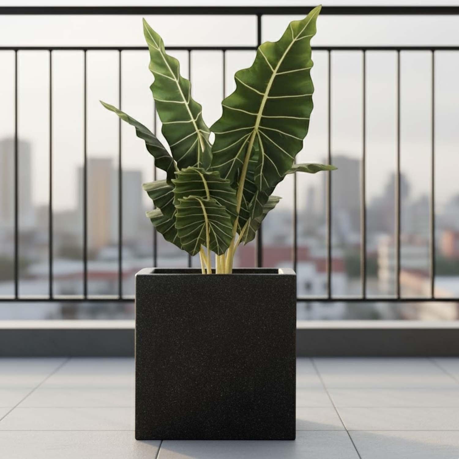 GoHooked 12-inch black speckled polymer cube planter with a built-in drainage hole, perfect for indoor or outdoor use.