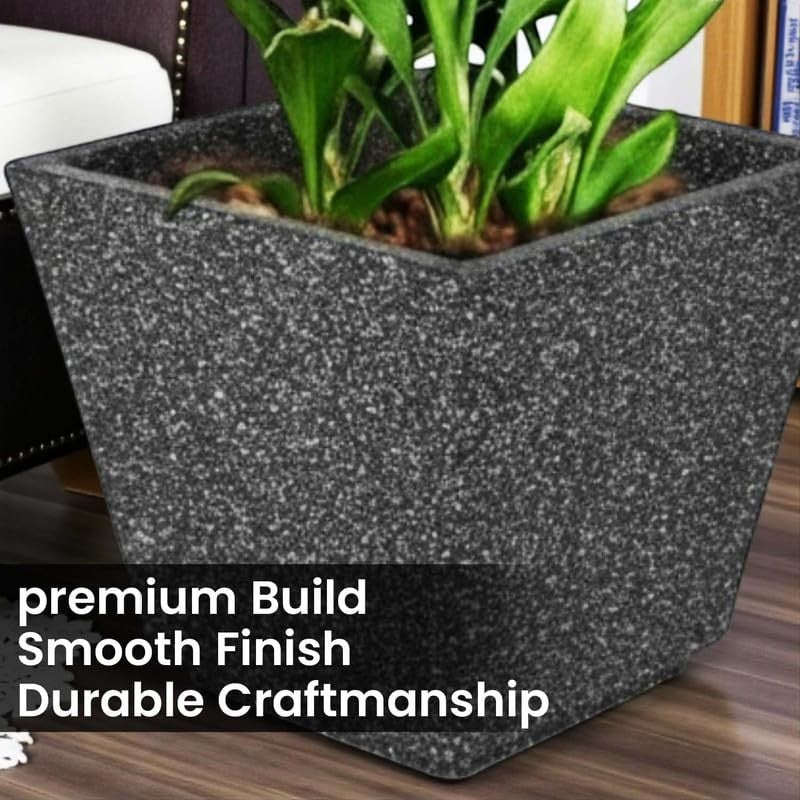 GoHooked 15-inch black speckled square polymer planter with a plant inside. Durable and UV-resistant for indoor/outdoor use.