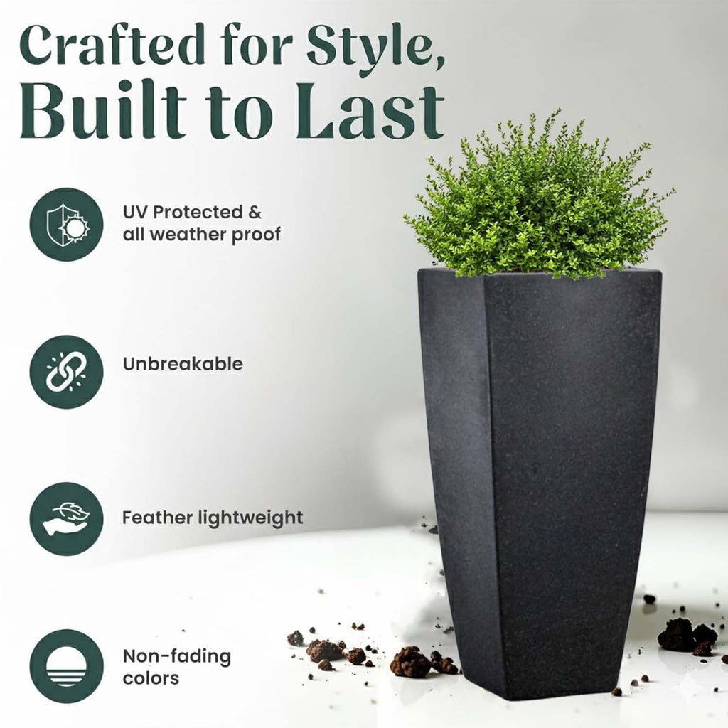 GoHooked black square polymer planter, 18 inches tall, modern design, UV protected, unbreakable, lightweight, and non-fading.
