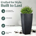 GoHooked black square polymer planter, 18 inches tall, modern design, UV protected, unbreakable, lightweight, and non-fading.