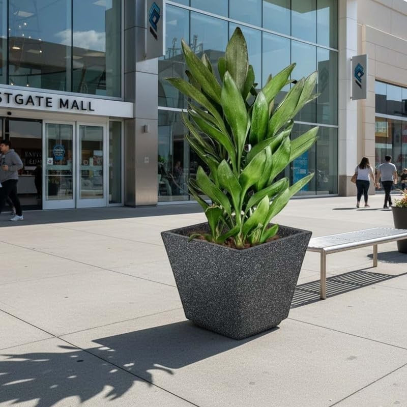 GoHooked 15-inch black speckled square polymer planter with a plant, suitable for indoor/outdoor use.
