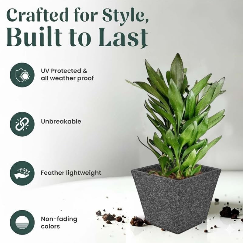 Go Hooked 10-inch black square polymer planter pot with a plant. UV-resistant, unbreakable, lightweight.